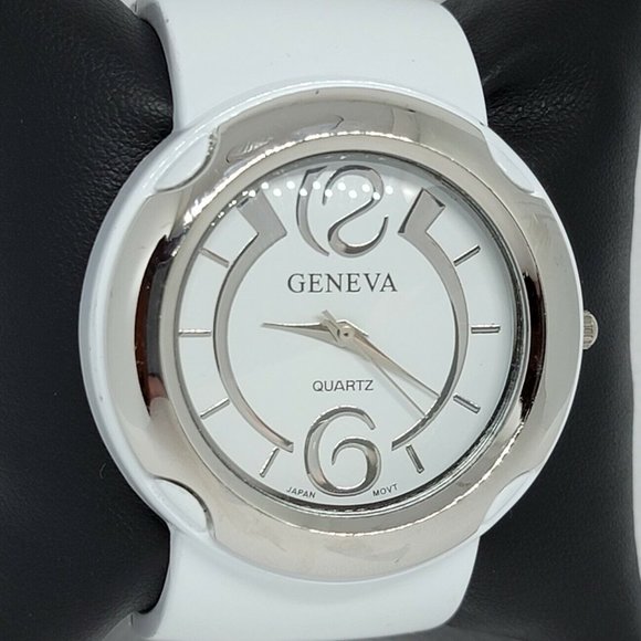 Geneva analog watch cuff bracelet quartz Japan Mov’t white silver tone womens - Picture 3 of 7